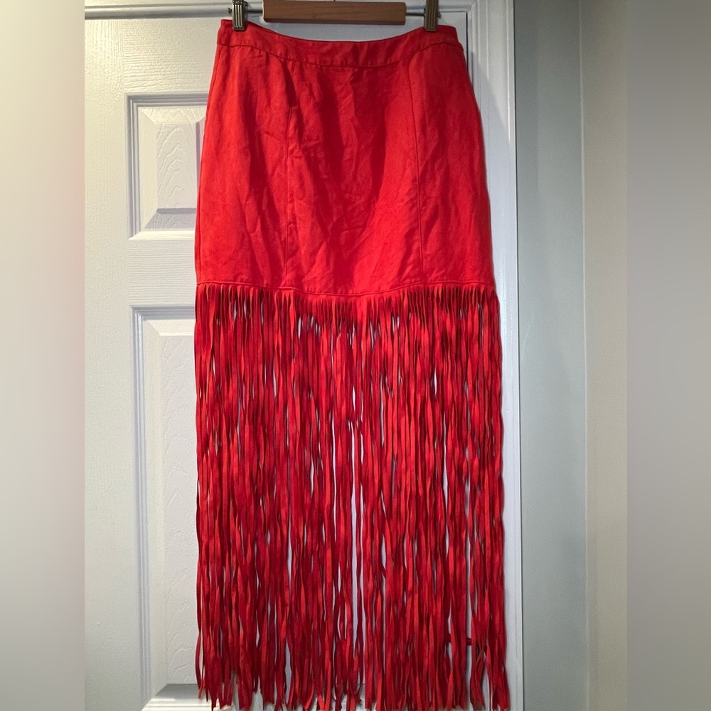 Festival Coral Pink Red Suede Fringe Skirt